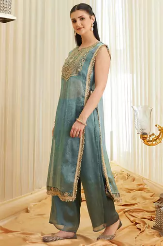 Sea green fandy satin heavy thread embroidery work kurta with palazzo
