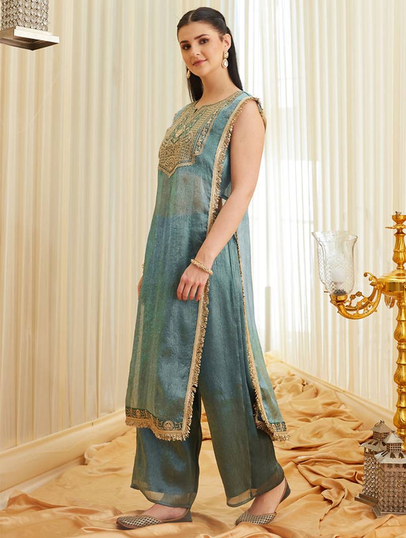 Sea green fandy satin heavy thread embroidery work kurta with palazzo