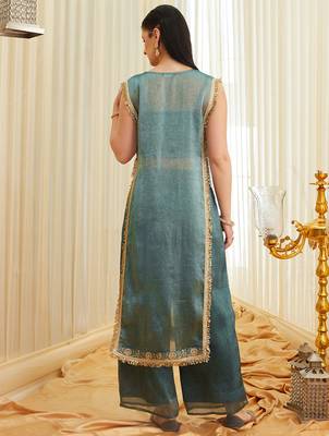 Sea green fandy satin heavy thread embroidery work kurta with palazzo 4