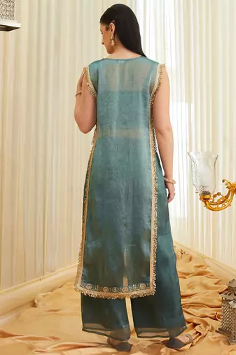 Sea green fandy satin heavy thread embroidery work kurta with palazzo