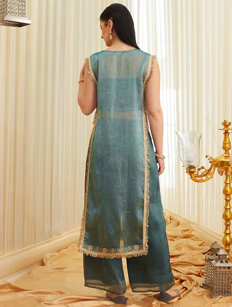 Sea green fandy satin heavy thread embroidery work kurta with palazzo