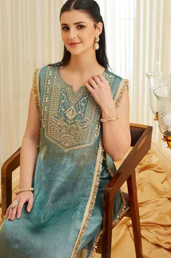 Sea green fandy satin heavy thread embroidery work kurta with palazzo