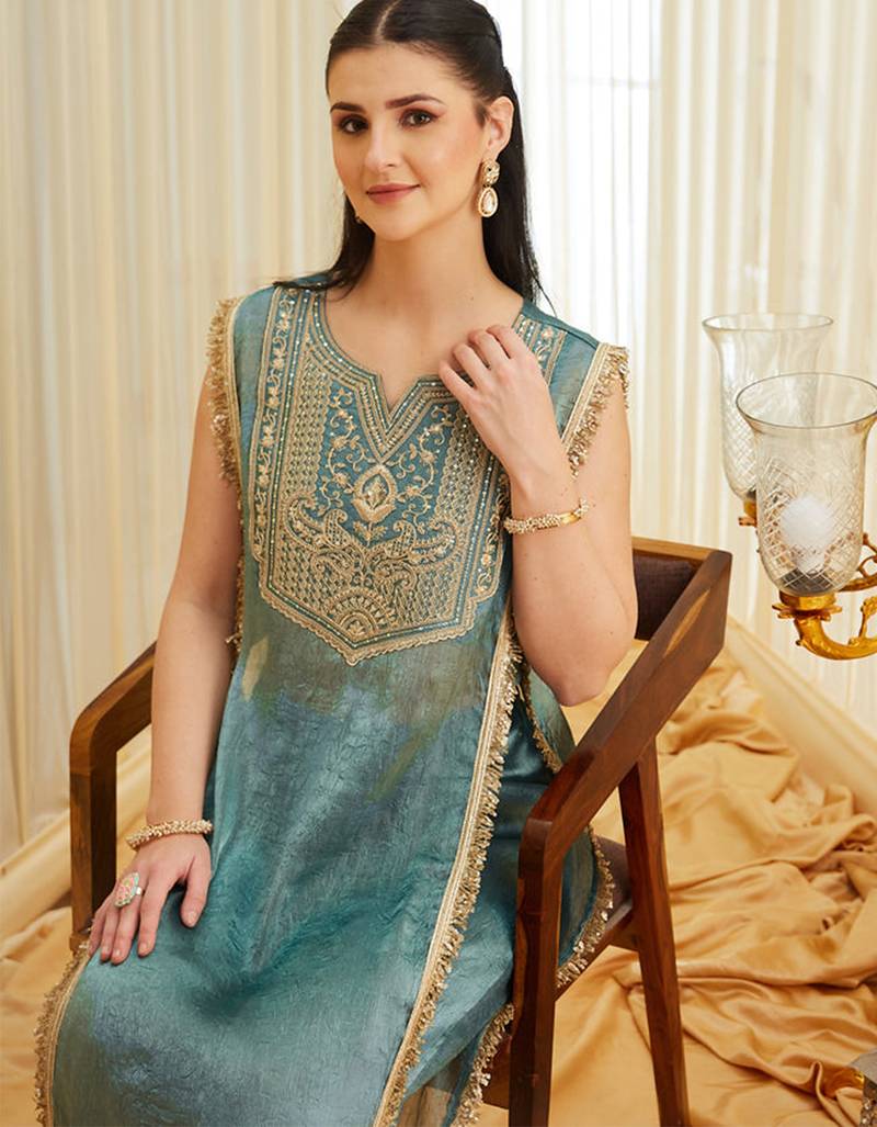 Sea green fandy satin heavy thread embroidery work kurta with palazzo
