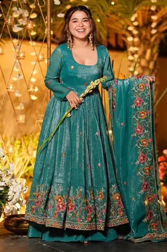 Teal crunchy silk heavy thread embroidery work kurta palazzo set