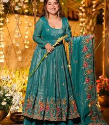 Teal crunchy silk heavy thread embroidery work kurta palazzo set