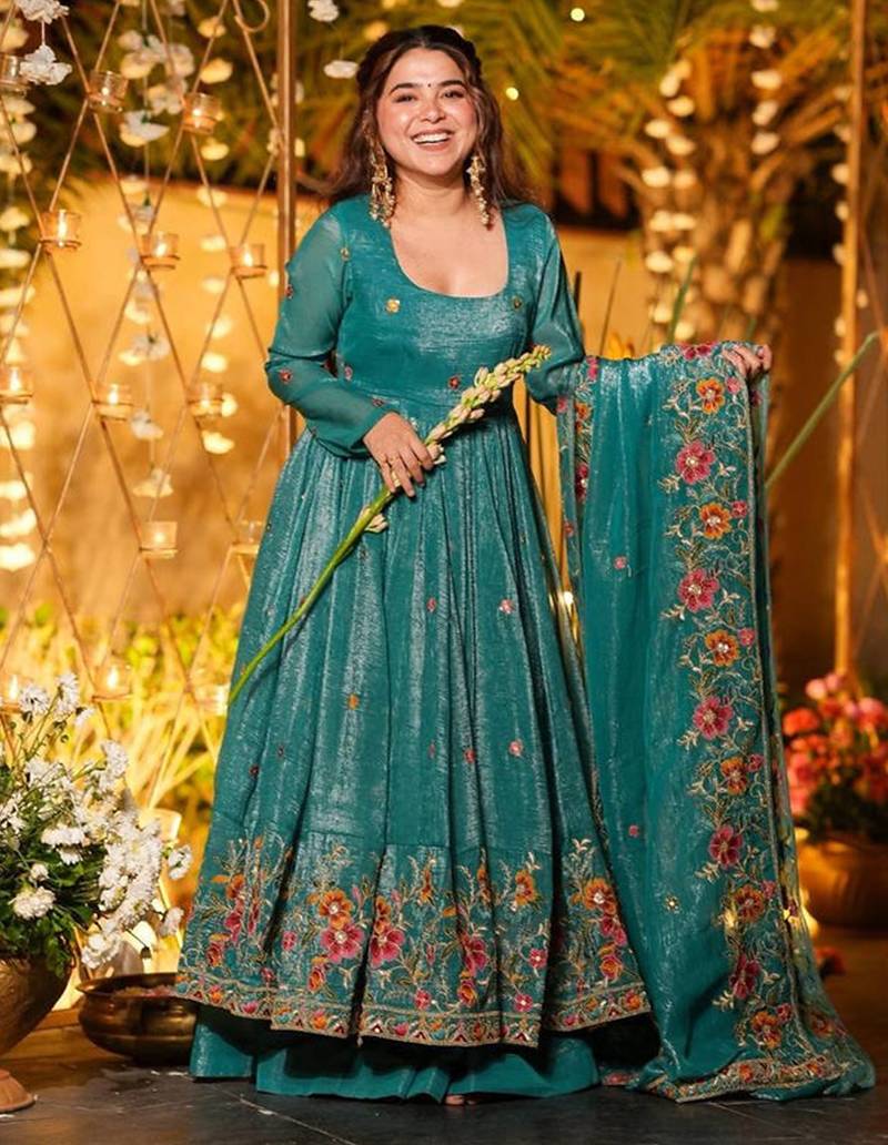 Teal crunchy silk heavy thread embroidery work kurta palazzo set