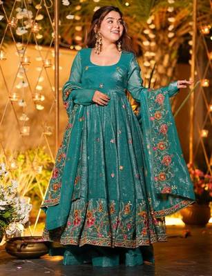 Teal crunchy silk heavy thread embroidery work kurta palazzo set 1