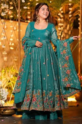 Teal crunchy silk heavy thread embroidery work kurta palazzo set