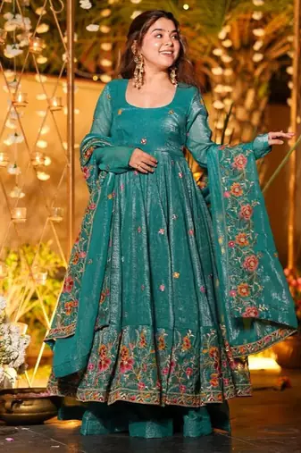 Teal crunchy silk heavy thread embroidery work kurta palazzo set