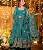 Teal crunchy silk heavy thread embroidery work kurta palazzo set