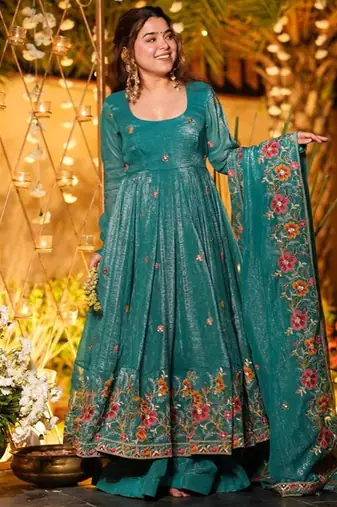 Teal crunchy silk heavy thread embroidery work kurta palazzo set