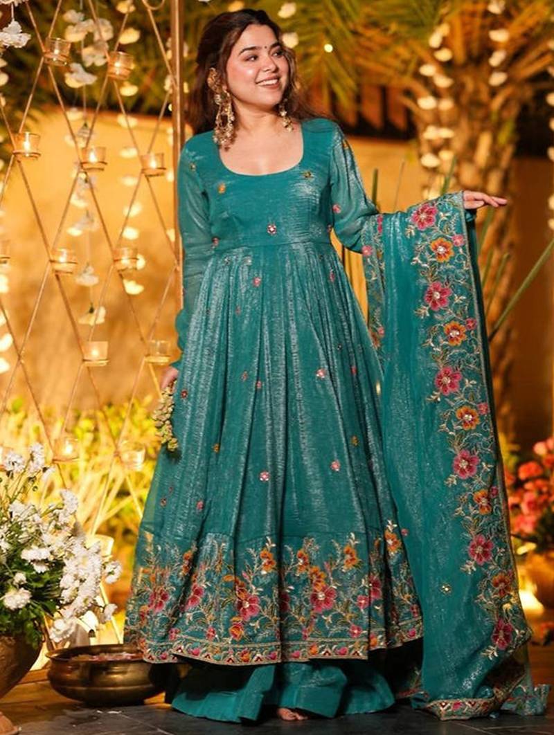 Teal crunchy silk heavy thread embroidery work kurta palazzo set