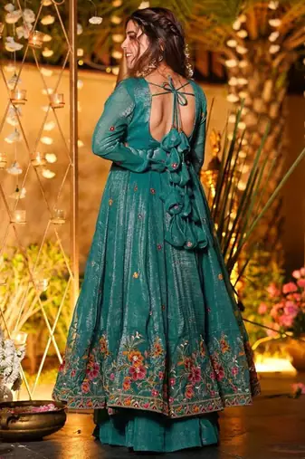 Teal crunchy silk heavy thread embroidery work kurta palazzo set