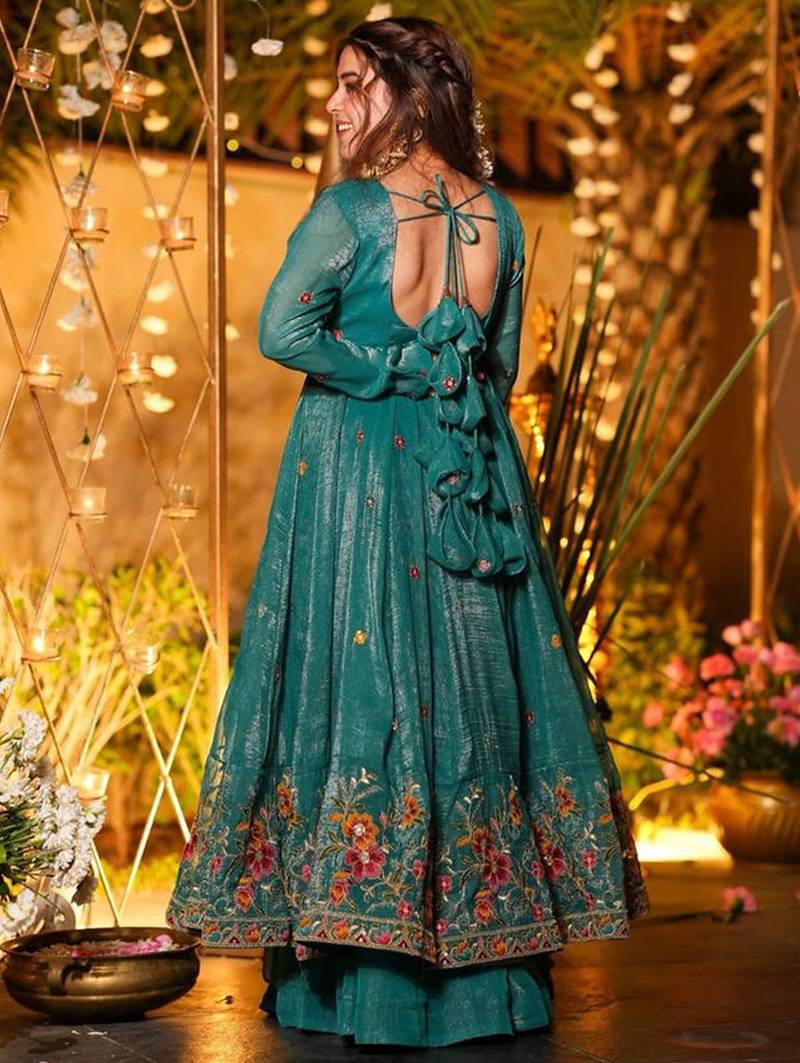 Teal crunchy silk heavy thread embroidery work kurta palazzo set