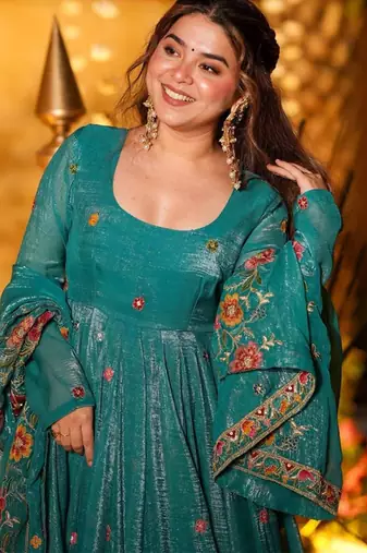 Teal crunchy silk heavy thread embroidery work kurta palazzo set