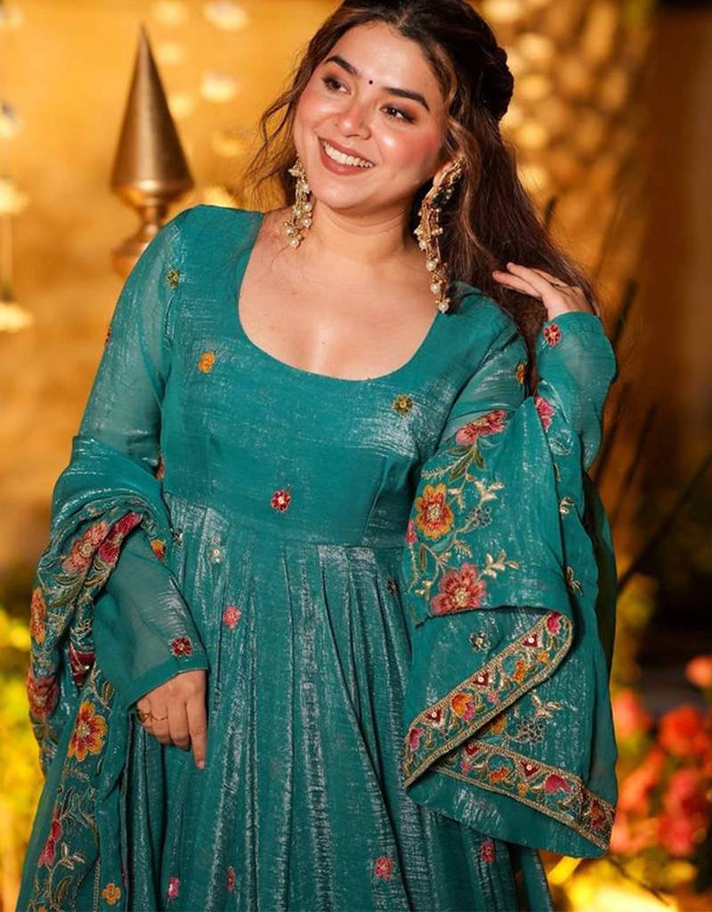 Teal crunchy silk heavy thread embroidery work kurta palazzo set
