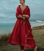 Red vichitra silk heavy thread embroidery work kurta pant set