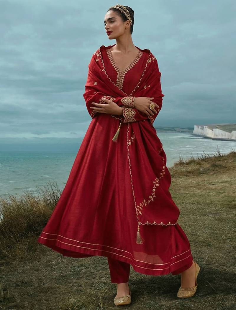 Red vichitra silk heavy thread embroidery work kurta pant set
