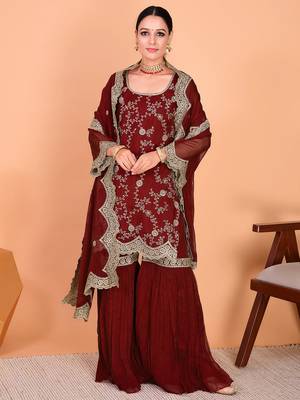 Maroon faux georgette heavy thread embroidery work kurta palazzo set 1