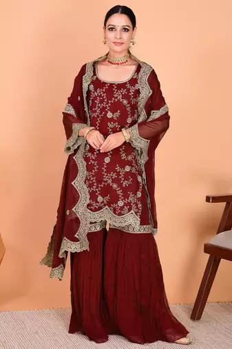 Maroon faux georgette heavy thread embroidery work kurta palazzo set