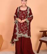 Maroon faux georgette heavy thread embroidery work kurta palazzo set
