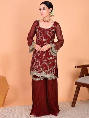 Maroon faux georgette heavy thread embroidery work kurta palazzo set 2