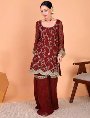 Maroon faux georgette heavy thread embroidery work kurta palazzo set 3