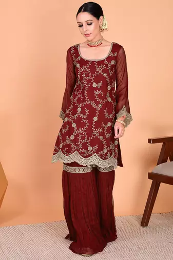 Maroon faux georgette heavy thread embroidery work kurta palazzo set