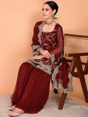 Maroon faux georgette heavy thread embroidery work kurta palazzo set 4