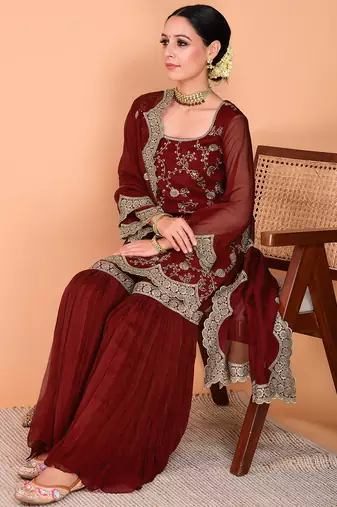 Maroon faux georgette heavy thread embroidery work kurta palazzo set