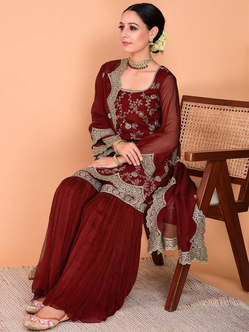 Maroon faux georgette heavy thread embroidery work kurta palazzo set