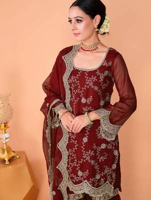 Maroon faux georgette heavy thread embroidery work kurta palazzo set 5