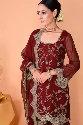 Maroon faux georgette heavy thread embroidery work kurta palazzo set