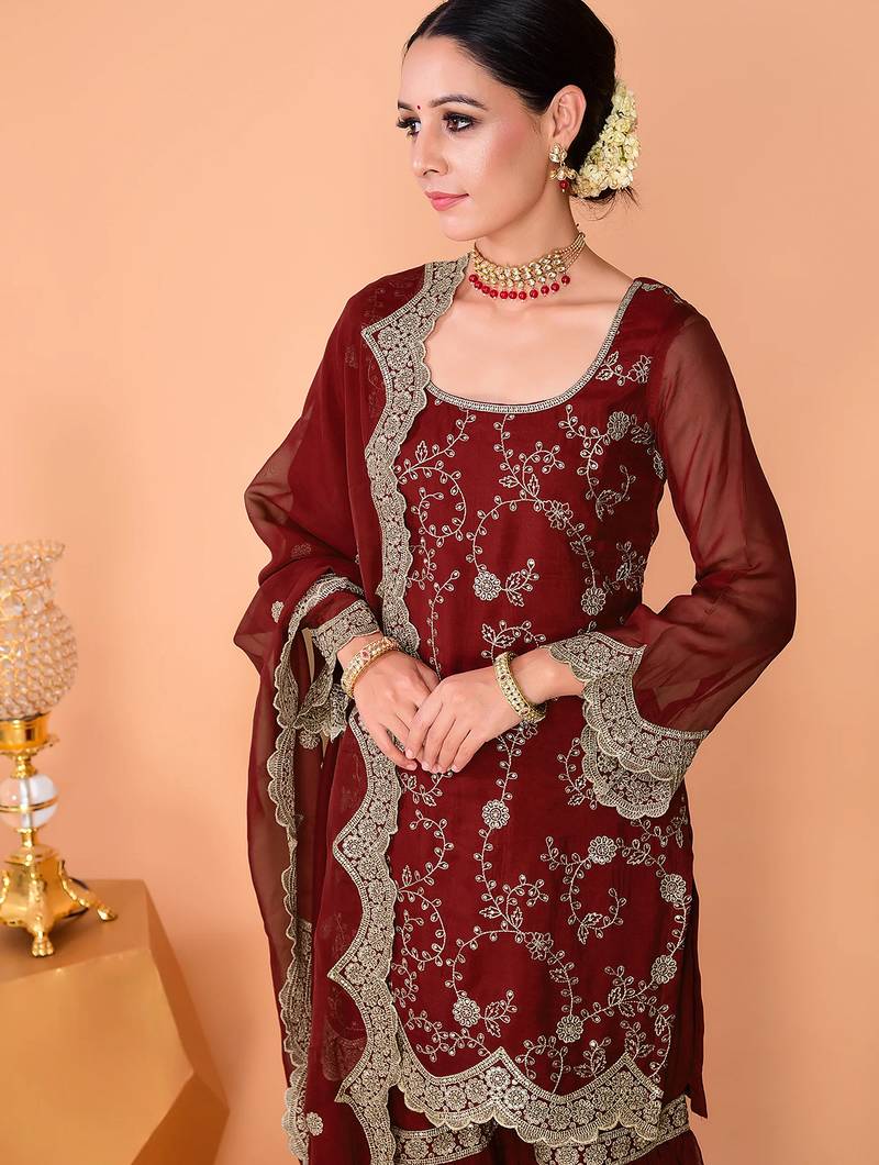 Maroon faux georgette heavy thread embroidery work kurta palazzo set