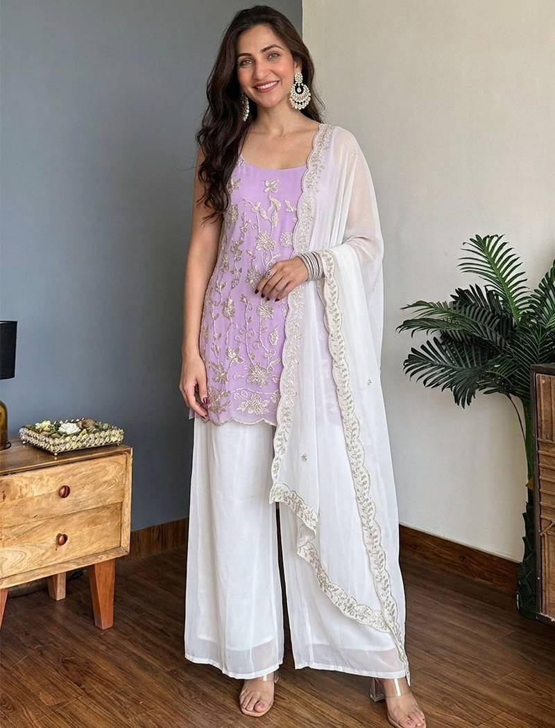 Lavender faux georgette heavy thread embroidery work kurta palazzo set