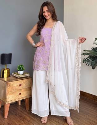 Lavender faux georgette heavy thread embroidery work kurta palazzo set 2