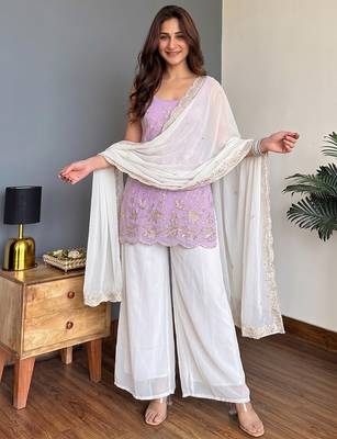 Lavender faux georgette heavy thread embroidery work kurta palazzo set 3