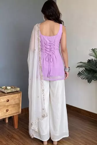 Lavender faux georgette heavy thread embroidery work kurta palazzo set