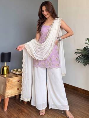 Lavender faux georgette heavy thread embroidery work kurta palazzo set 5