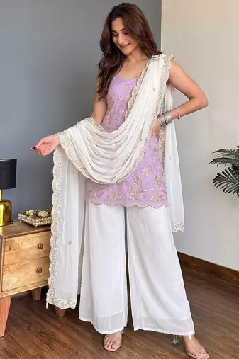 Lavender faux georgette heavy thread embroidery work kurta palazzo set