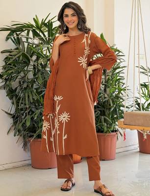 Brown rayon slub printed kurta pant set 1