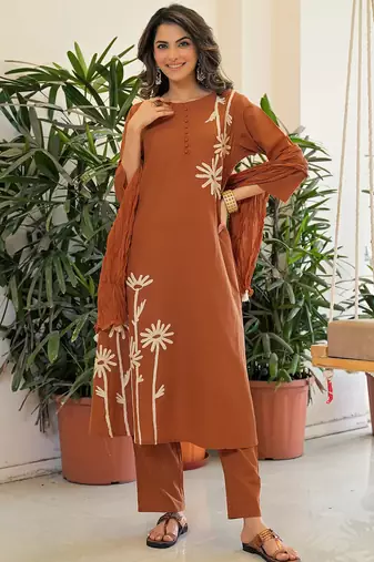 Brown rayon slub printed kurta pant set