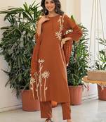 Brown rayon slub printed kurta pant set