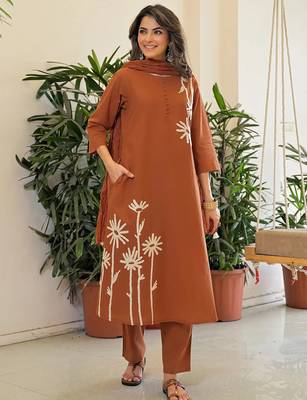 Brown rayon slub printed kurta pant set 2