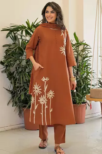 Brown rayon slub printed kurta pant set
