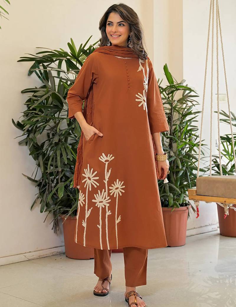 Brown rayon slub printed kurta pant set