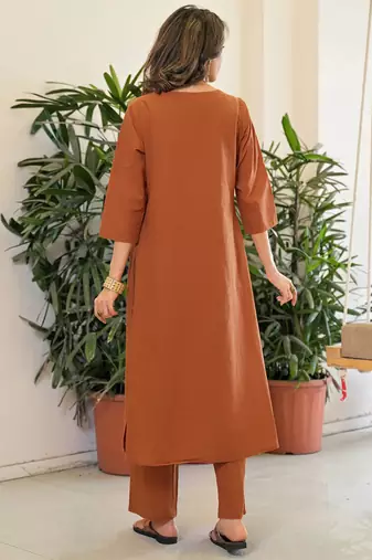 Brown rayon slub printed kurta pant set