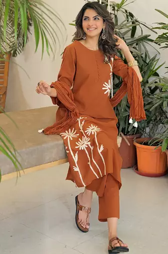 Brown rayon slub printed kurta pant set