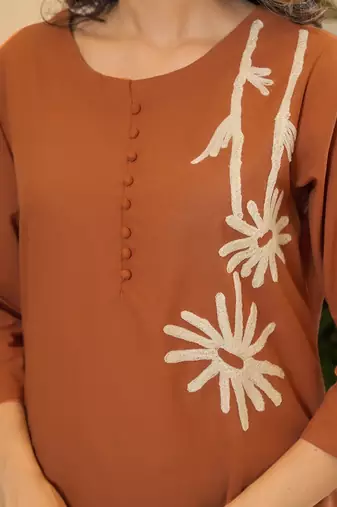 Brown rayon slub printed kurta pant set