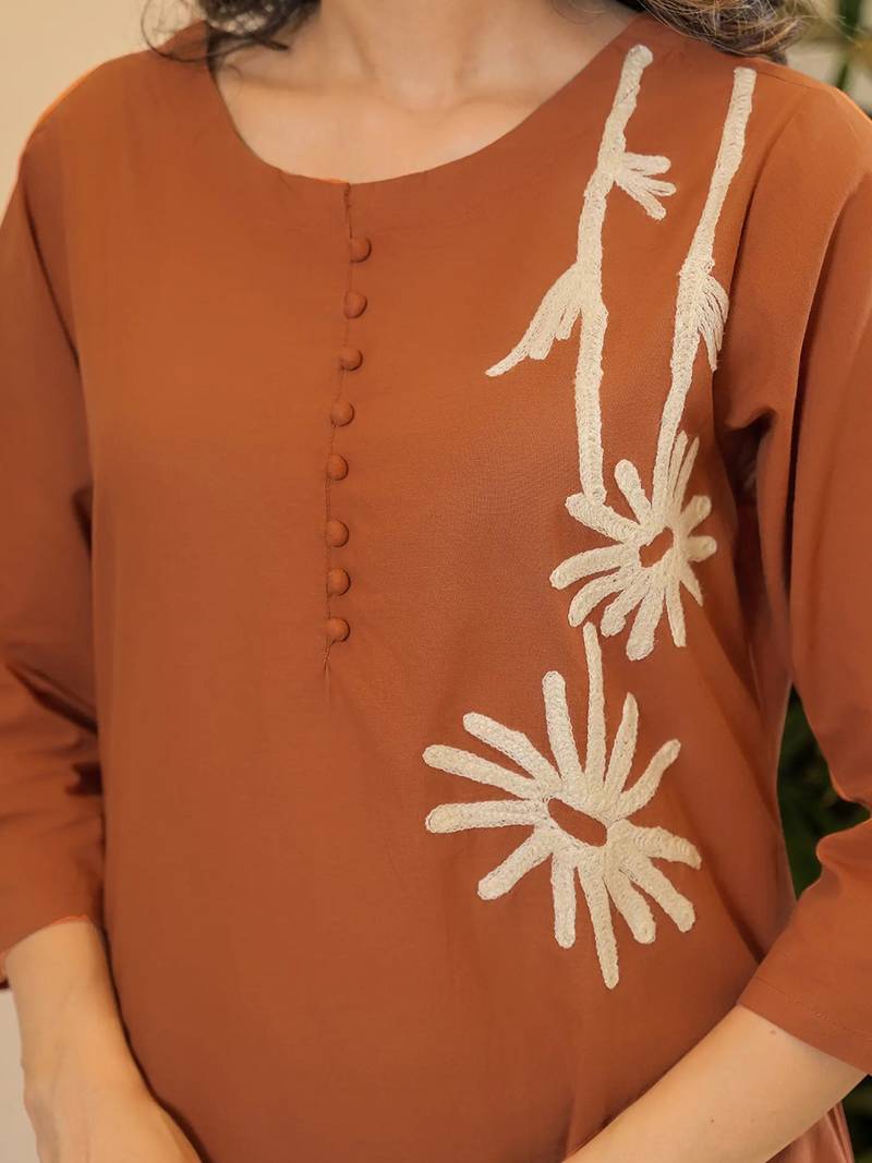 Brown rayon slub printed kurta pant set